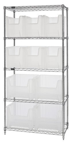 18"W x 36"L x 74"H 5 SHELF UNIT Clear-view Giant Stack Hopper Bin Wire Chrome Shelving WR5-600800CL