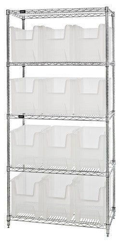 18"W x 36"L x 74"H 5 SHELF UNIT Clear-view Giant Stack Hopper Bin Wire Chrome Shelving WR5-600CL