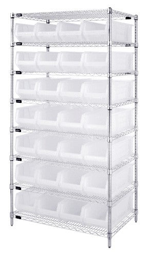 24"W x 36"L x 74"H 8 SHELF UNIT WR8-950CL  CLEAR-VIEW CHROME WIRE UNITS WITH HULK 24" CONTAINERS